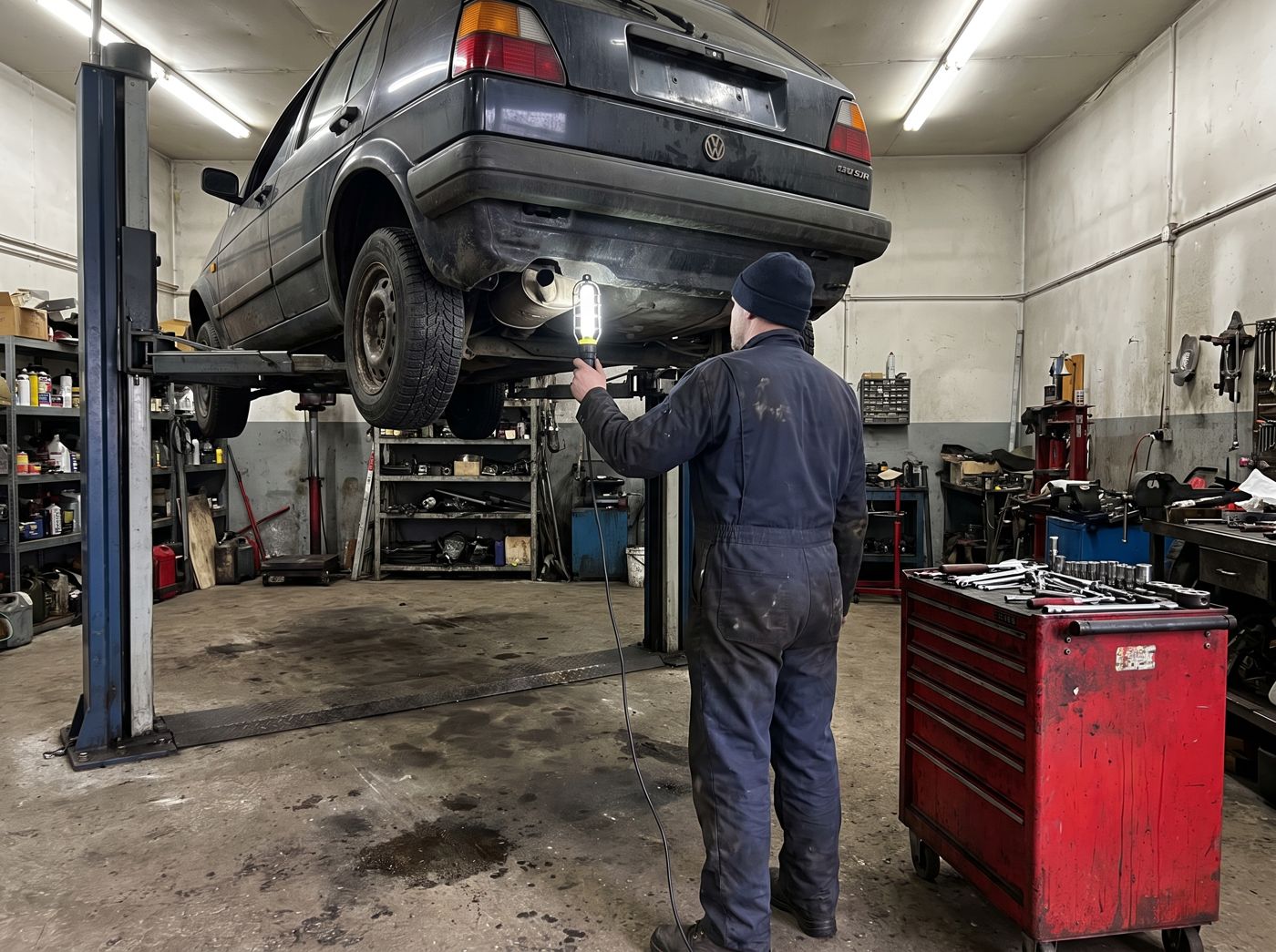 Mechanic inspecting the underside of a car on a lift