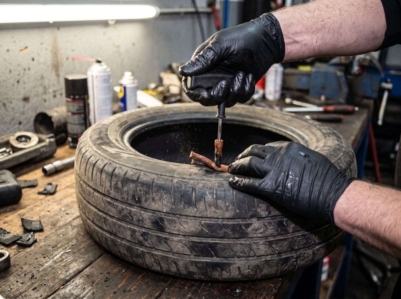 Gloved hands fitting a plug into a tyre puncture