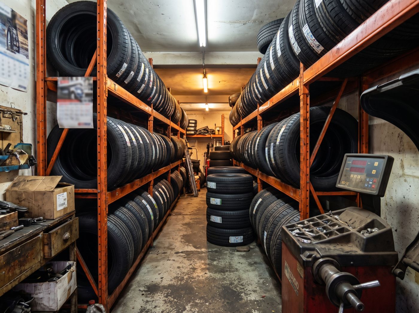 Racks of car tyres in a workshop