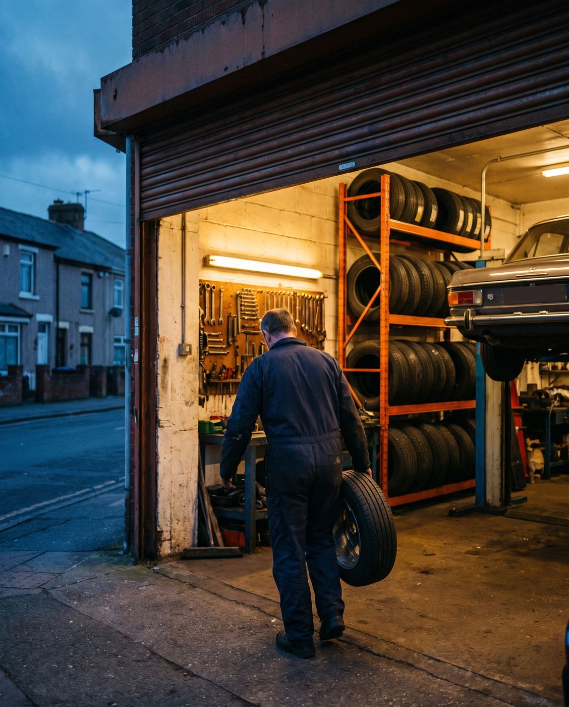 Mechanic carrying a wheel into a workshop in the evening